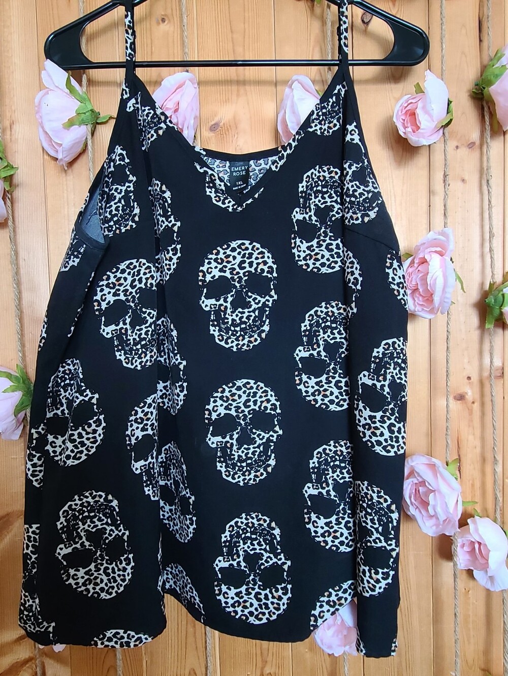 Emory Rose Black Cami Tank with Cream Leopard Skull Print
